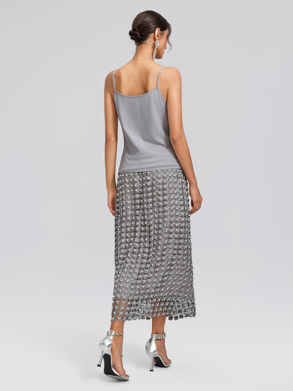 Floral Pearl-Embellished Elastic-Waist Skirt