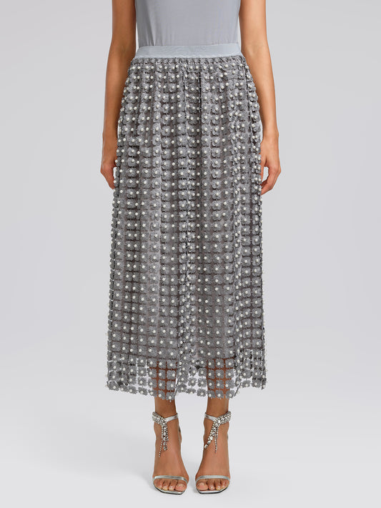 Floral Pearl-Embellished Elastic-Waist Skirt