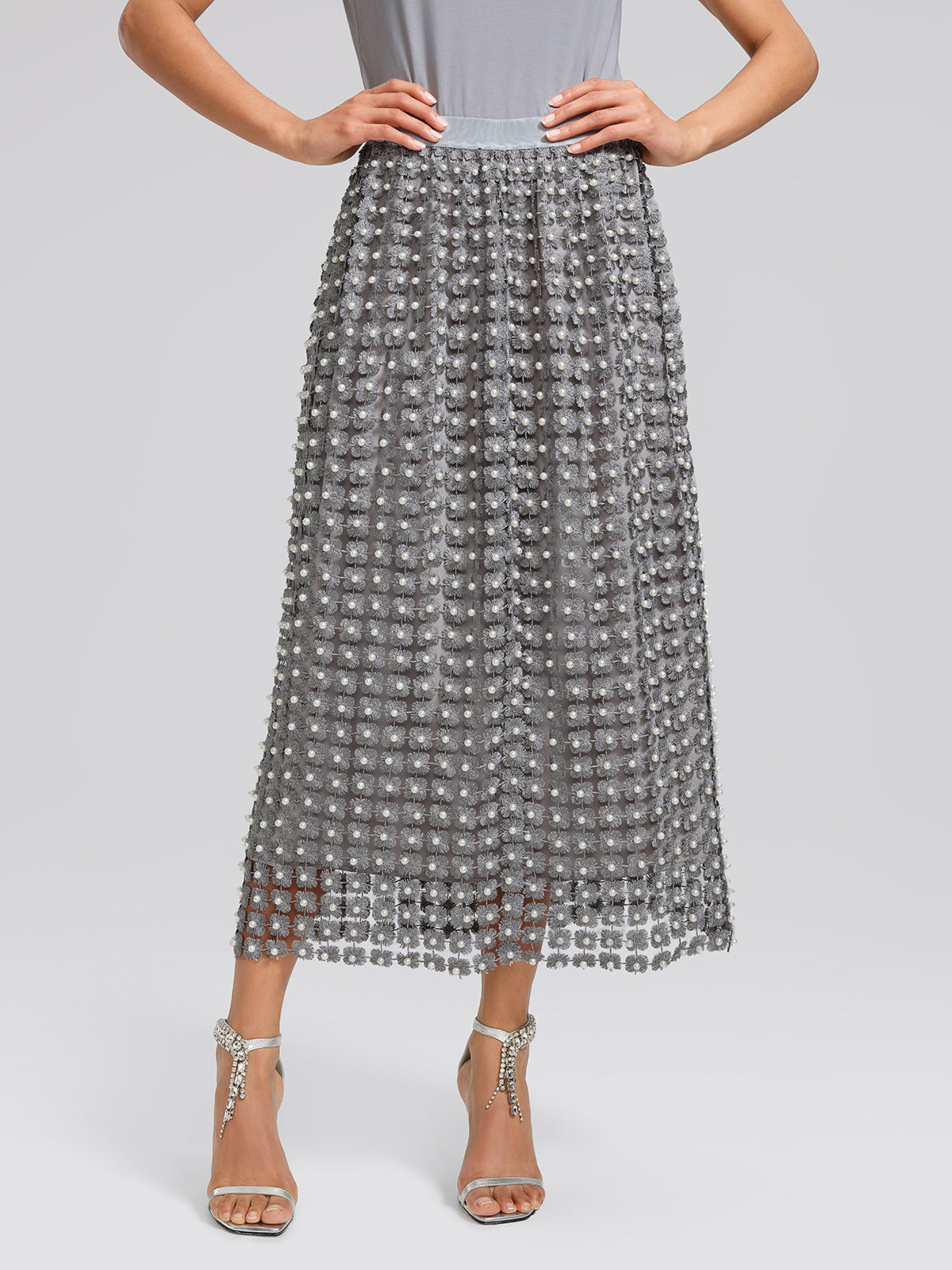 Floral Pearl-Embellished Elastic-Waist Skirt