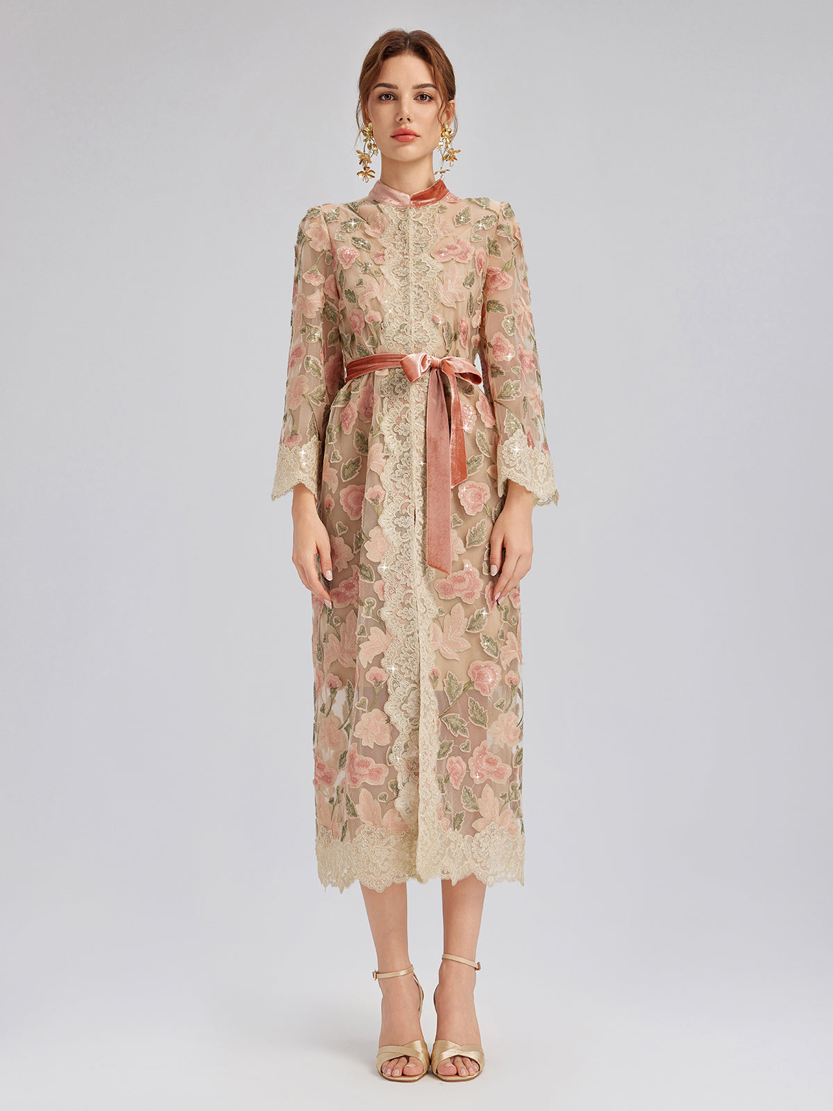 Appliqué Floral Lace Trim Velvet Dress (Belt Included)