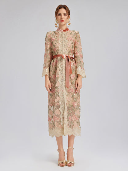 Appliqué Floral Lace Trim Velvet Dress (Belt Included)