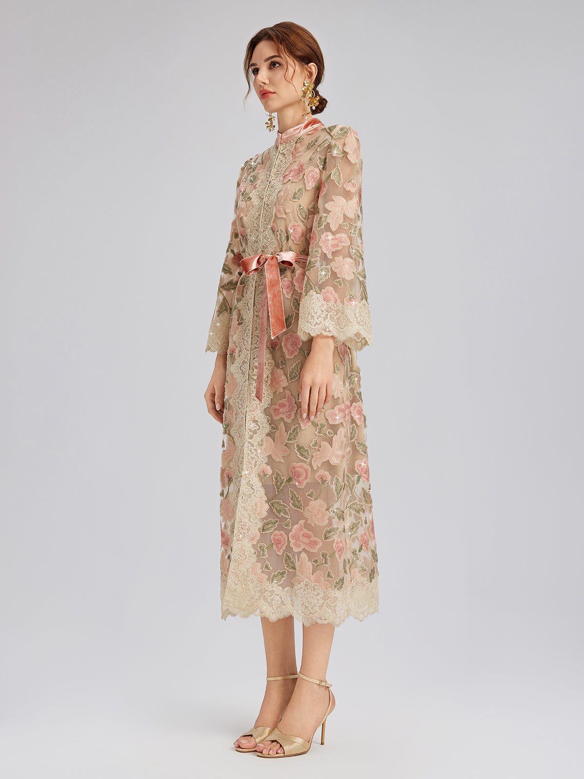 Appliqué Floral Lace Trim Velvet Dress (Belt Included)