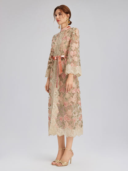 Appliqué Floral Lace Trim Velvet Dress (Belt Included)