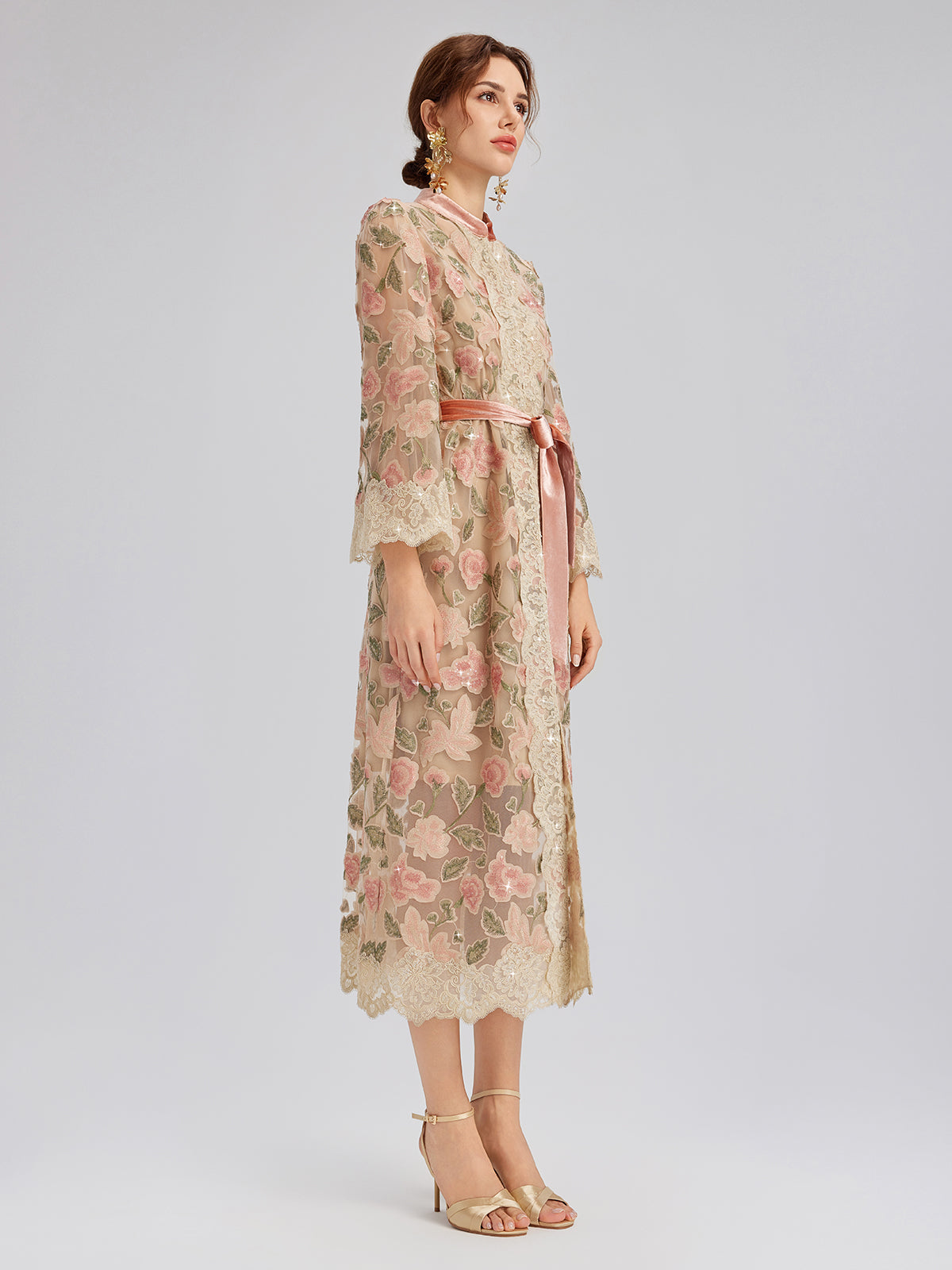 Appliqué Floral Lace Trim Velvet Dress (Belt Included)