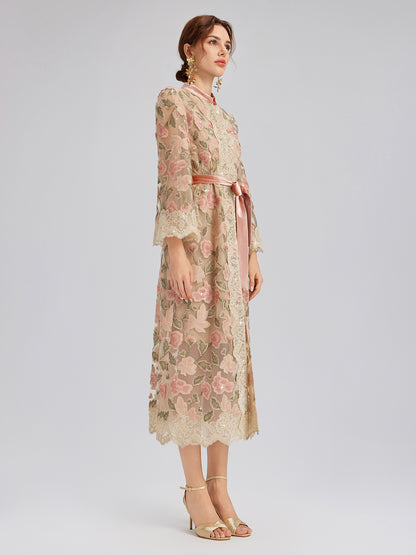 Appliqué Floral Lace Trim Velvet Dress (Belt Included)
