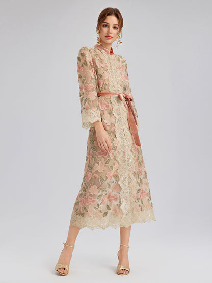 Appliqué Floral Lace Trim Velvet Dress (Belt Included)