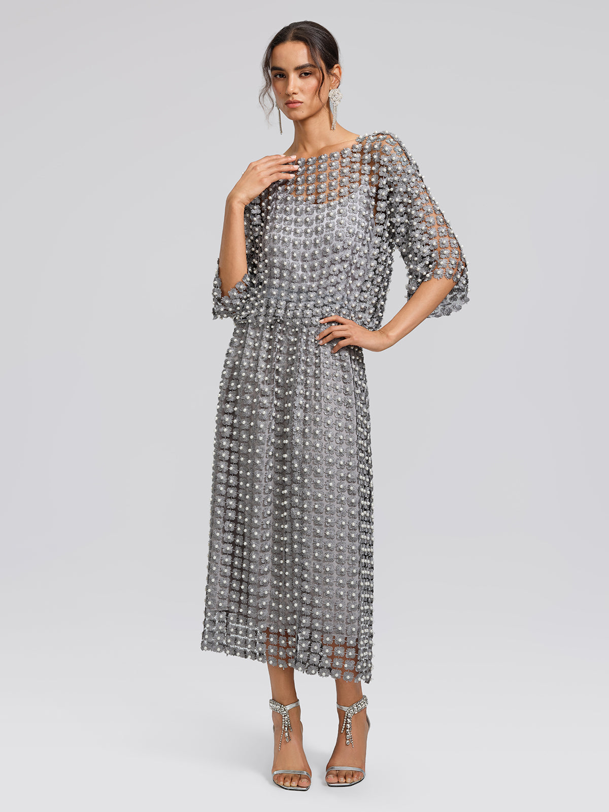 Floral Pearl-Embellished Elastic-Waist Skirt
