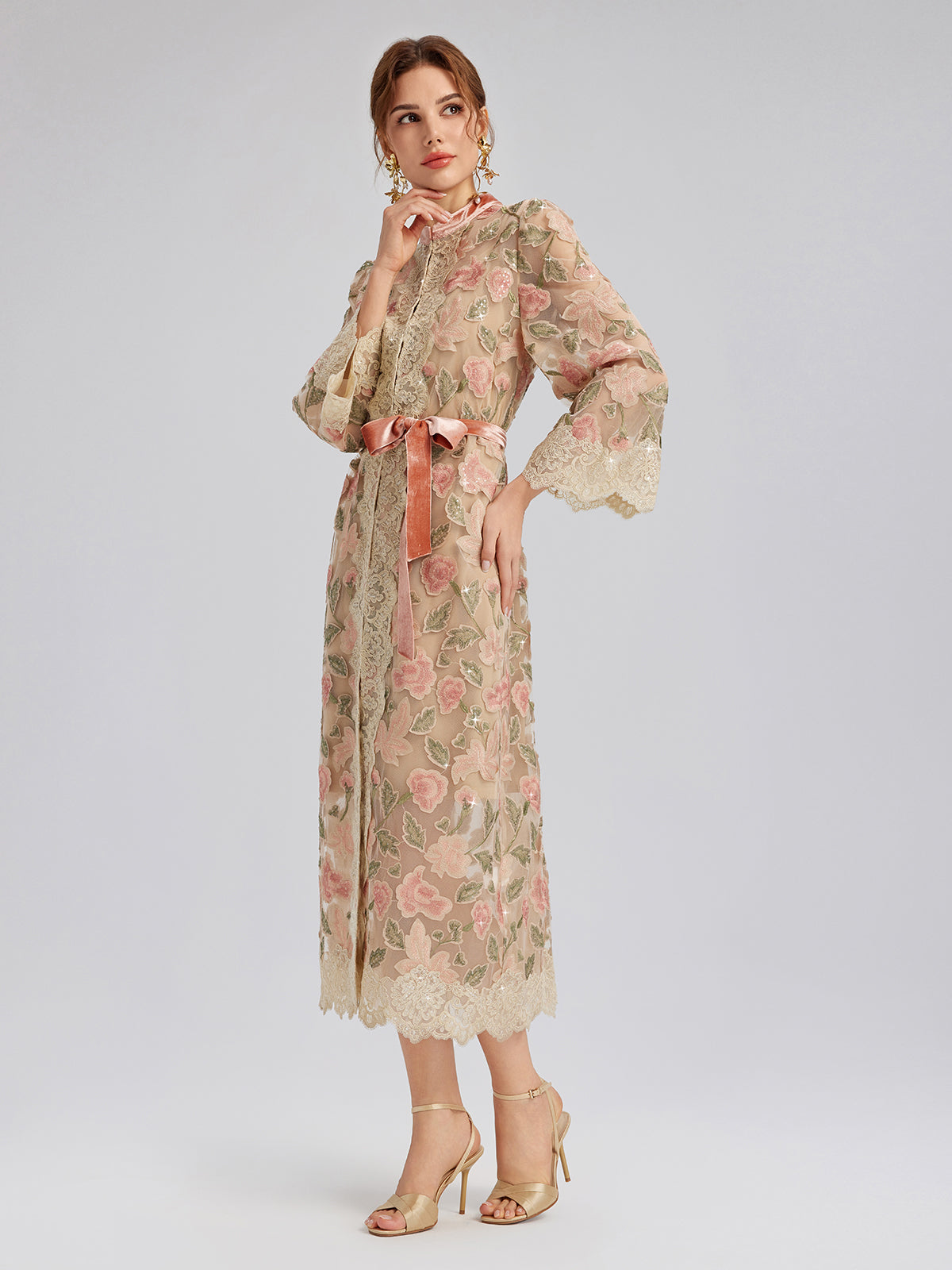 Appliqué Floral Lace Trim Velvet Dress (Belt Included)