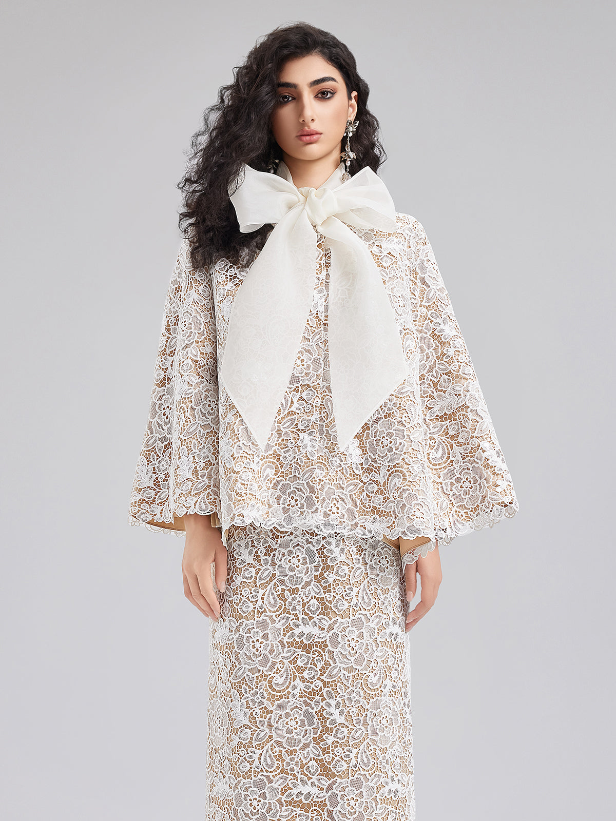 Final Sale | Elegant Lace Texture Coat with Neck Tie