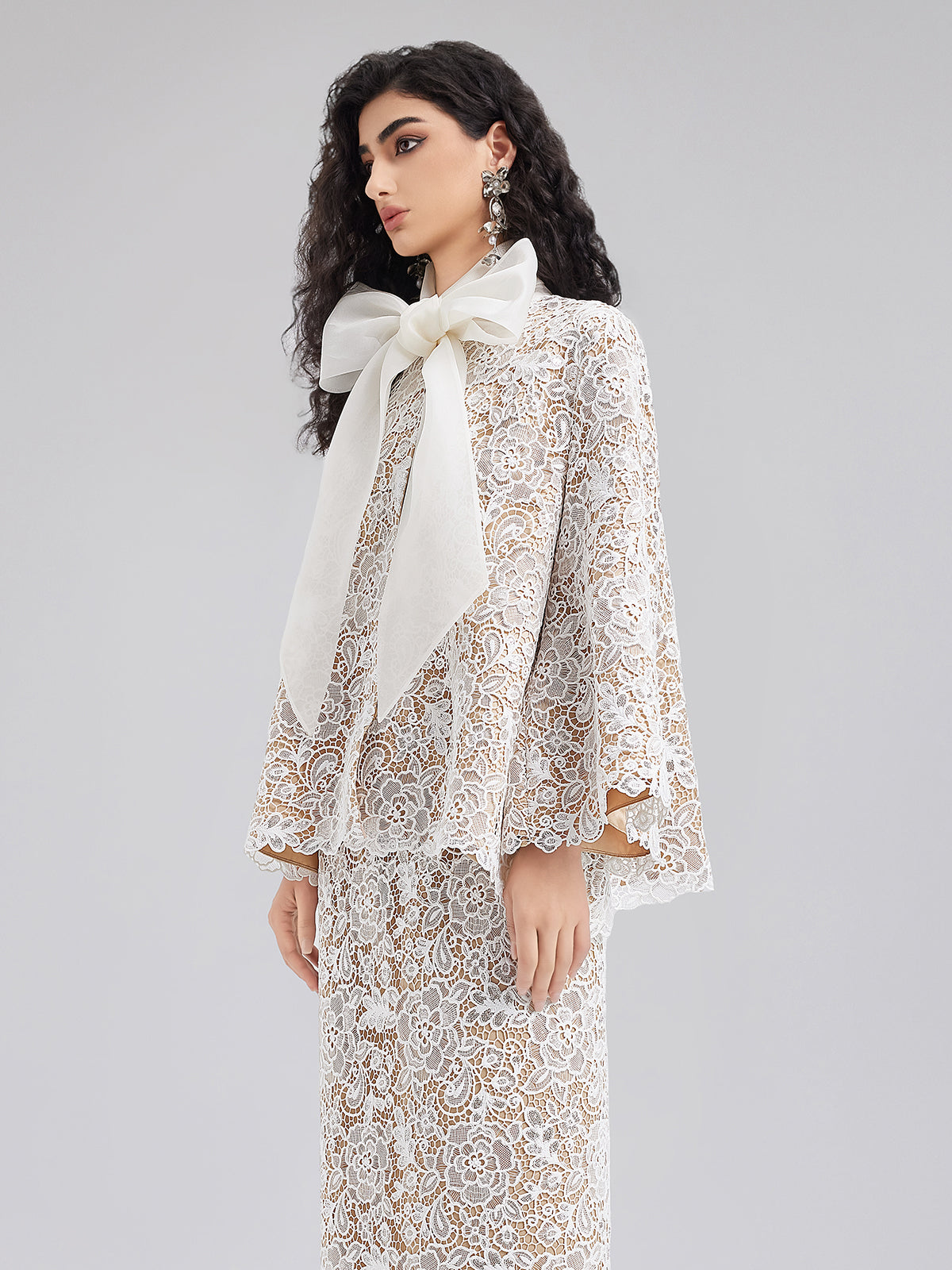 Elegant Lace Texture Coat with Neck Tie