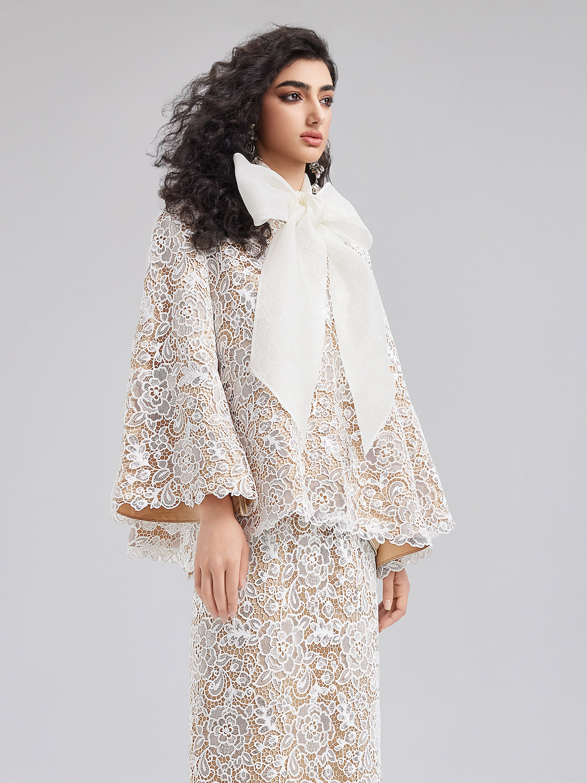 Elegant Lace Texture Coat with Neck Tie