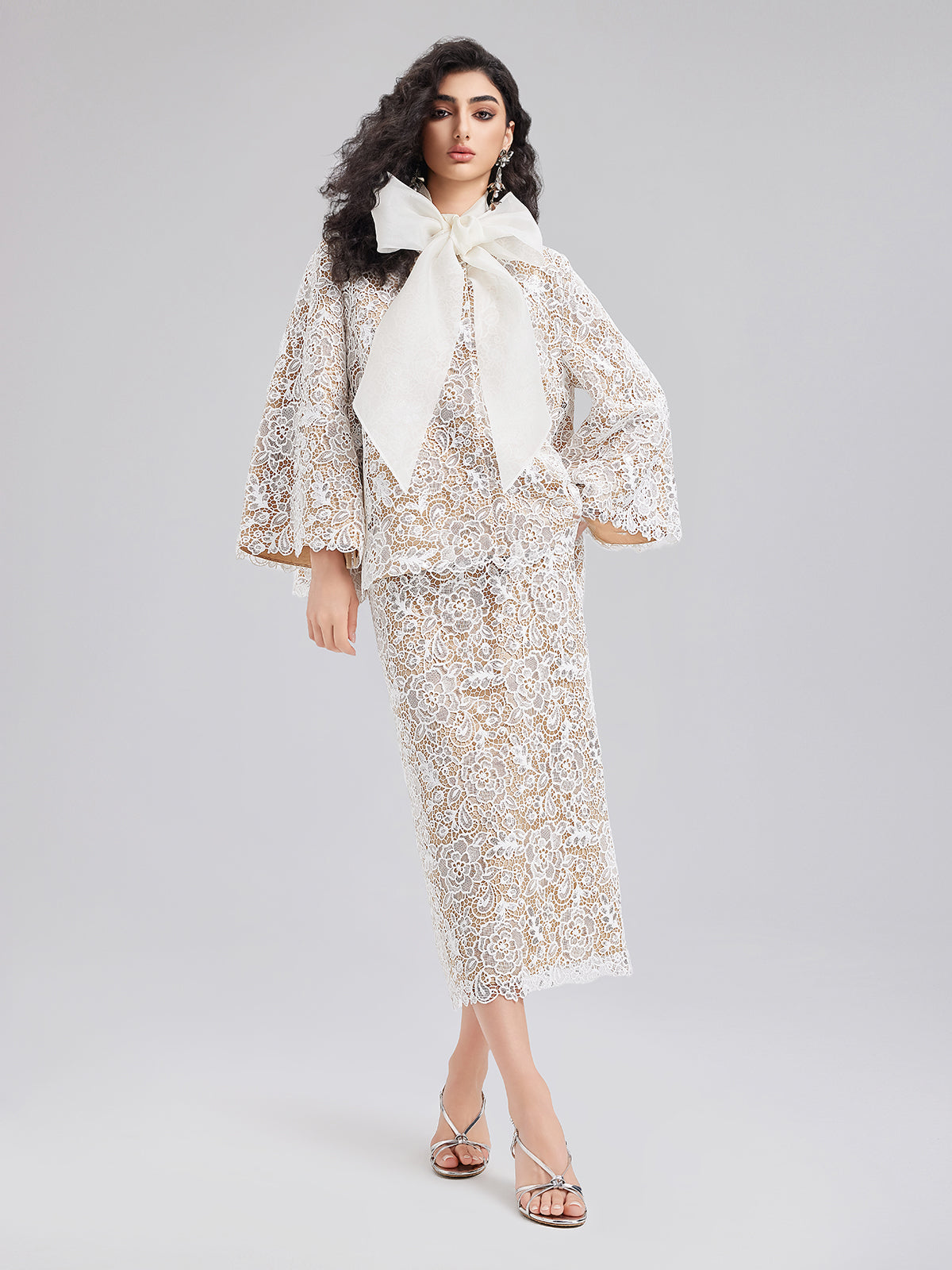 Final Sale | Elegant Lace Texture Coat with Neck Tie