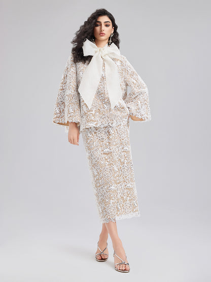 Elegant Lace Texture Coat with Neck Tie