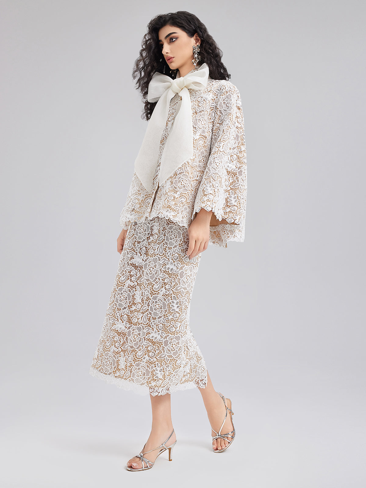 Elegant Lace Texture Coat with Neck Tie