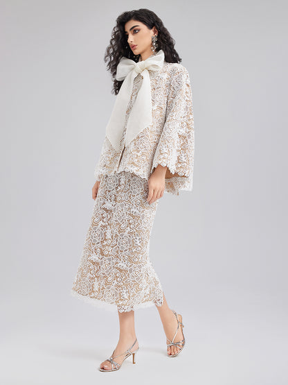 Elegant Lace Texture Coat with Neck Tie