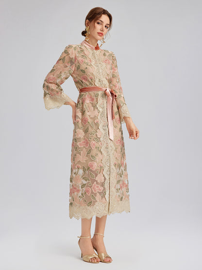 Appliqué Floral Lace Trim Velvet Dress (Belt Included)