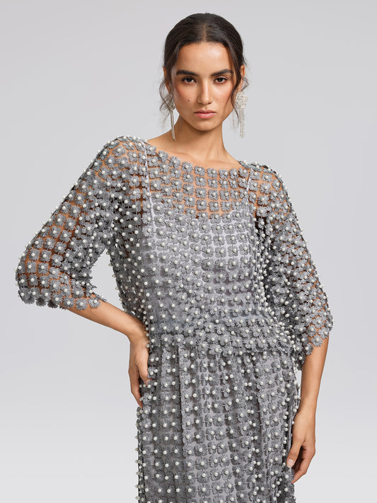 Floral Pearl-Embellished Round-Neck Top