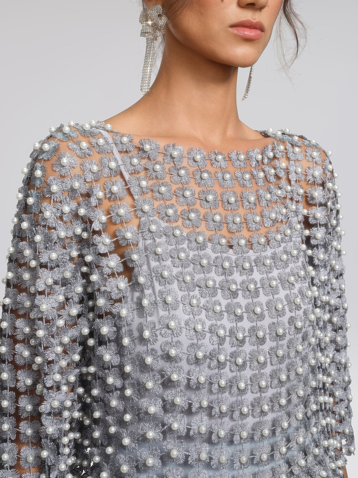 Floral Pearl-Embellished Round-Neck Top