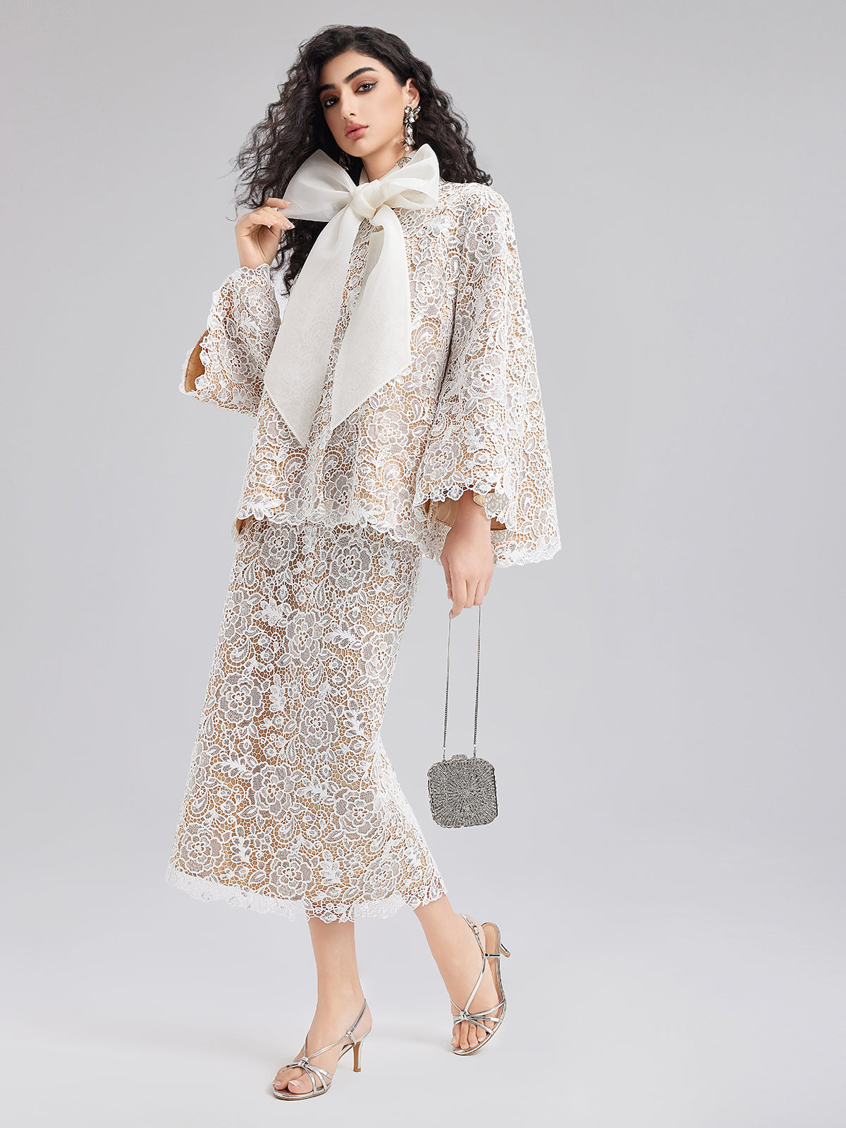 Elegant Lace Texture Coat with Neck Tie