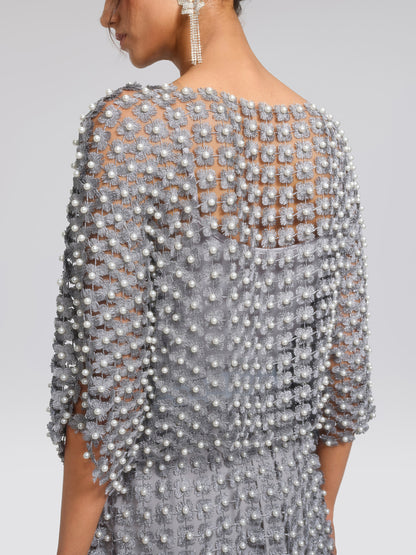 Floral Pearl-Embellished Round-Neck Top