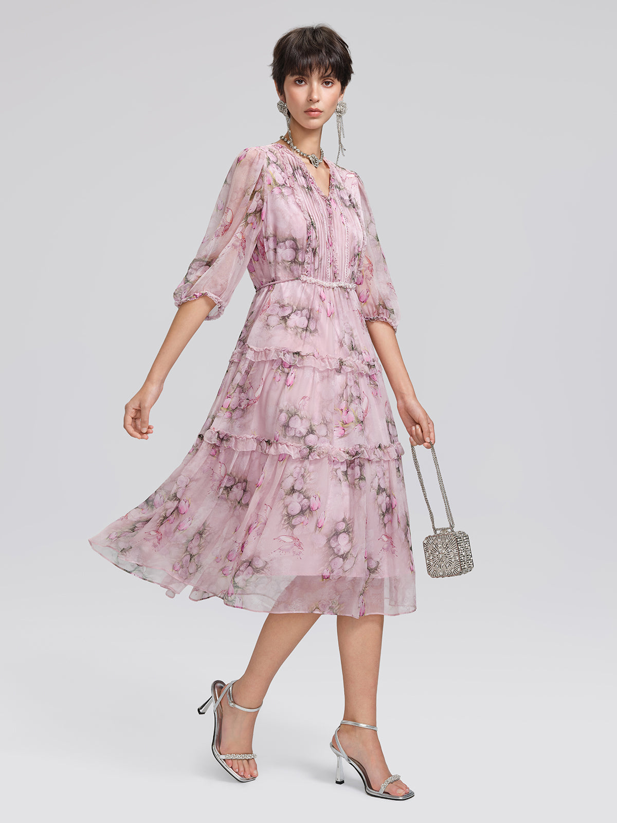 Accordion Pleated Silk Rose Print Dress