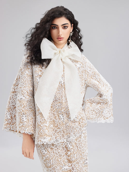 Elegant Lace Texture Coat with Neck Tie