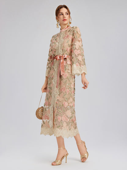 Appliqué Floral Lace Trim Velvet Dress (Belt Included)
