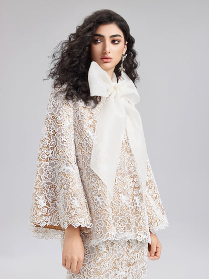 Elegant Lace Texture Coat with Neck Tie