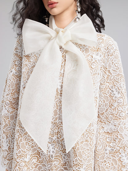 Elegant Lace Texture Coat with Neck Tie