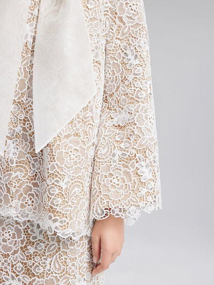 Elegant Lace Texture Coat with Neck Tie