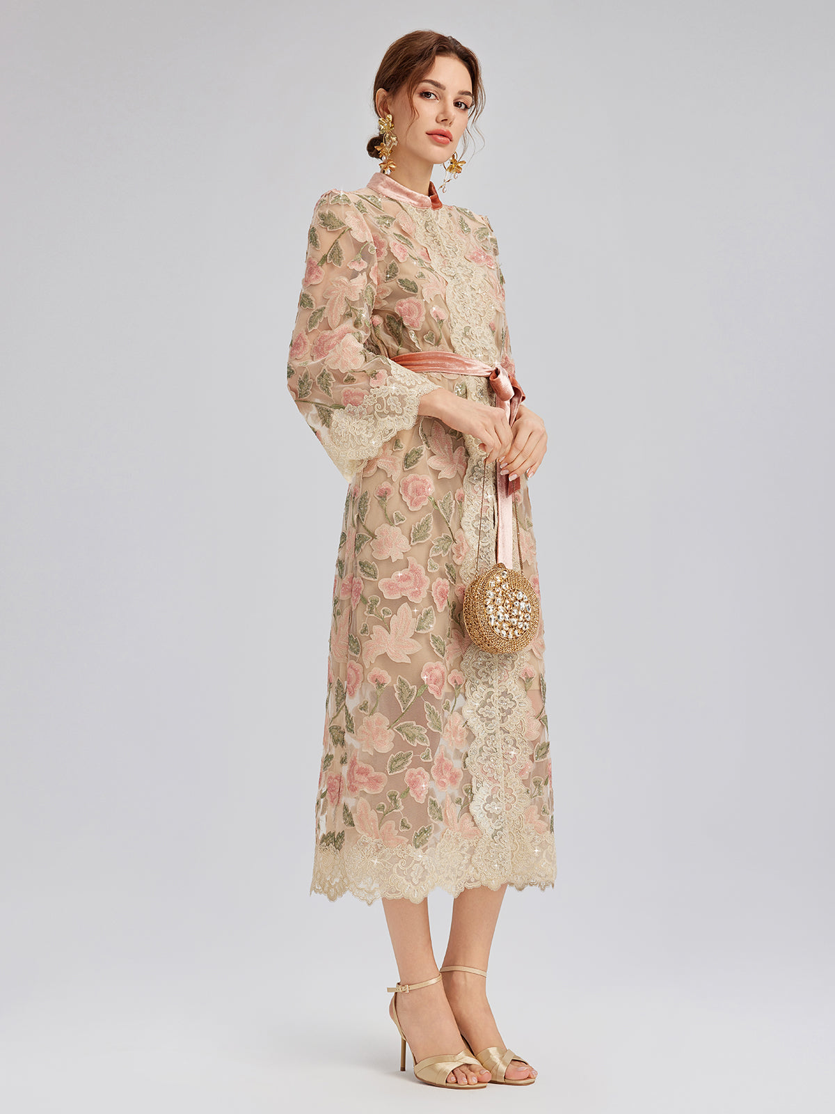 Appliqué Floral Lace Trim Velvet Dress (Belt Included)