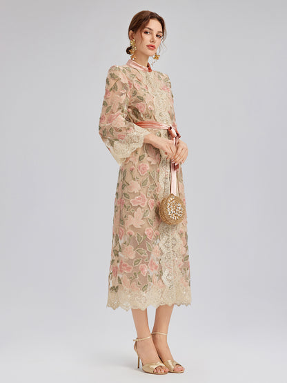 Appliqué Floral Lace Trim Velvet Dress (Belt Included)