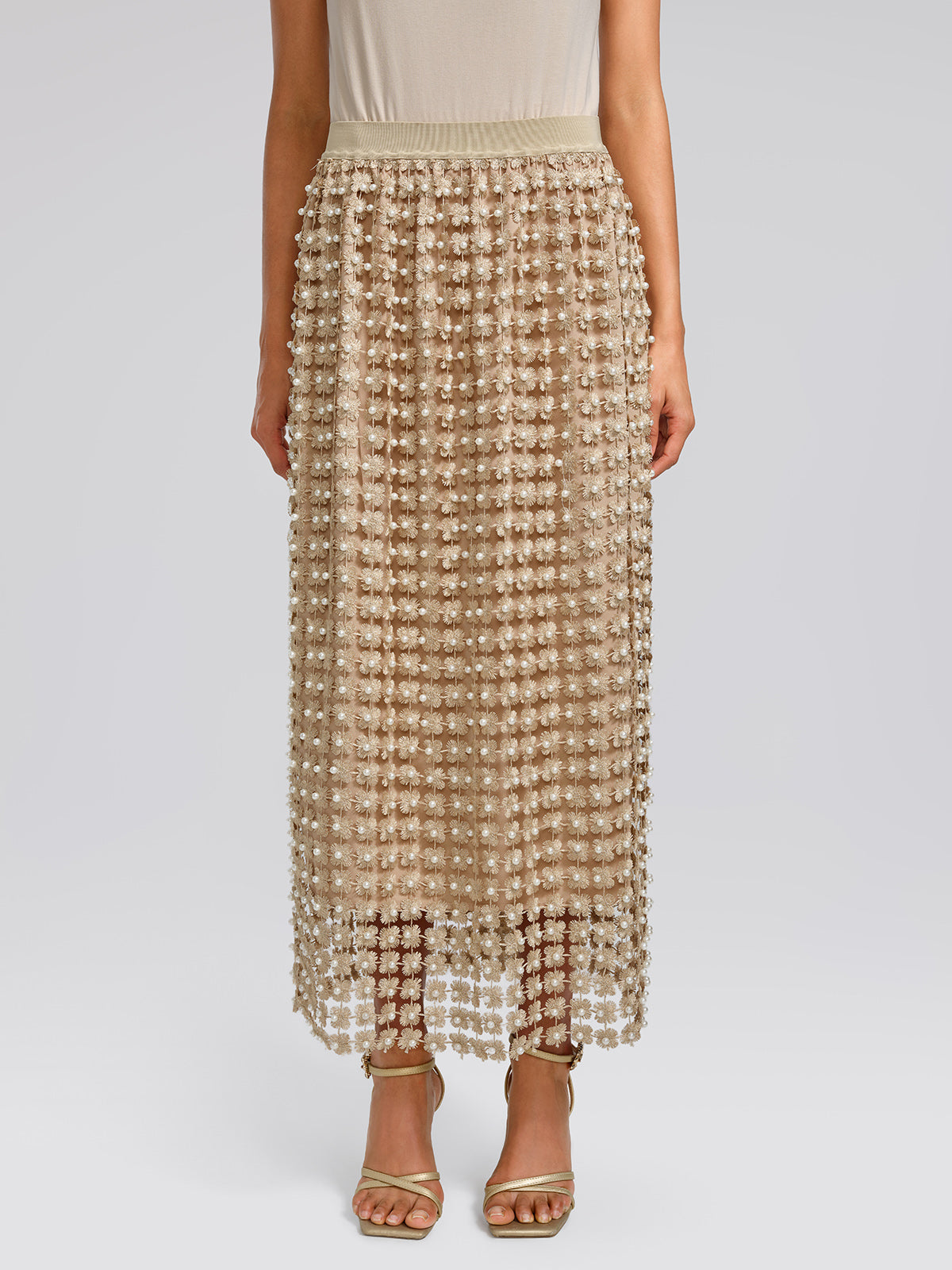 Floral Pearl-Embellished Elastic-Waist Skirt