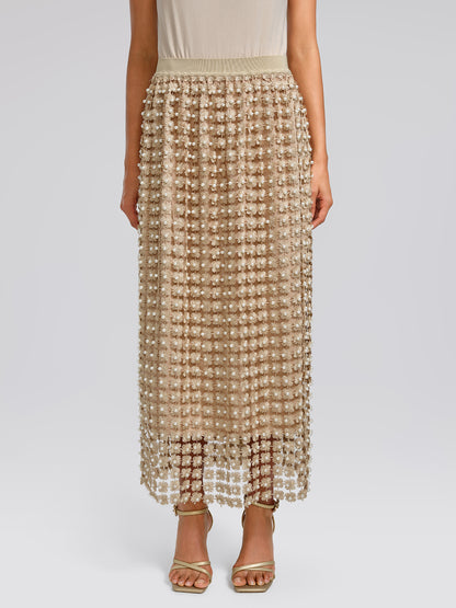 Floral Pearl-Embellished Elastic-Waist Skirt
