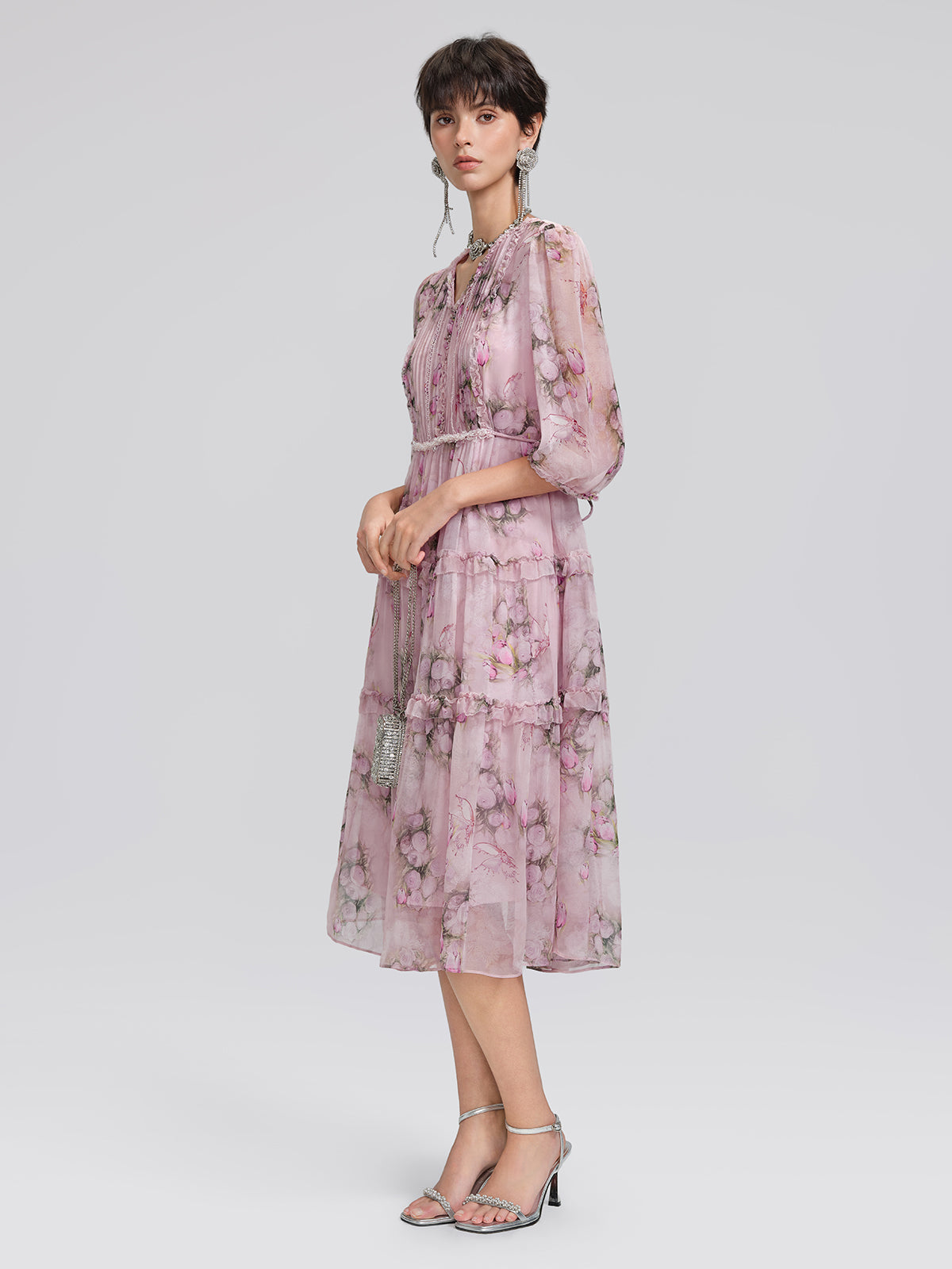 Accordion Pleated Silk Rose Print Dress