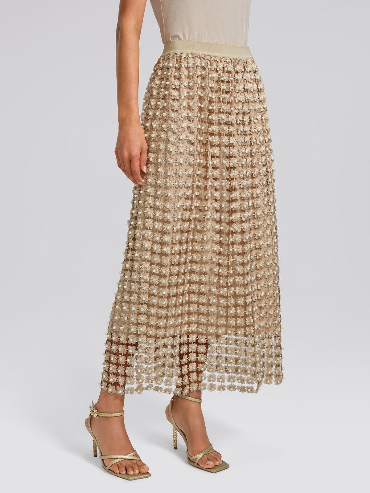 Floral Pearl-Embellished Elastic-Waist Skirt