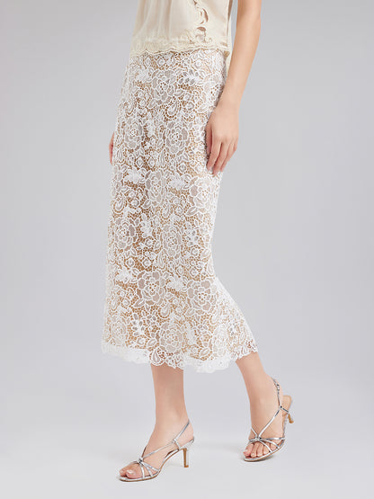 Elegant Lace-Textured Slimming Midi Skirt