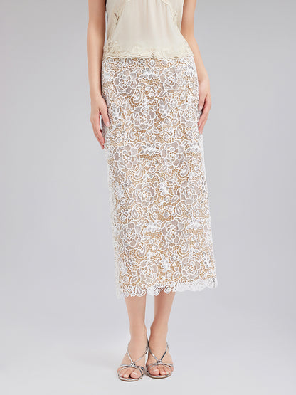 Elegant Lace-Textured Slimming Midi Skirt