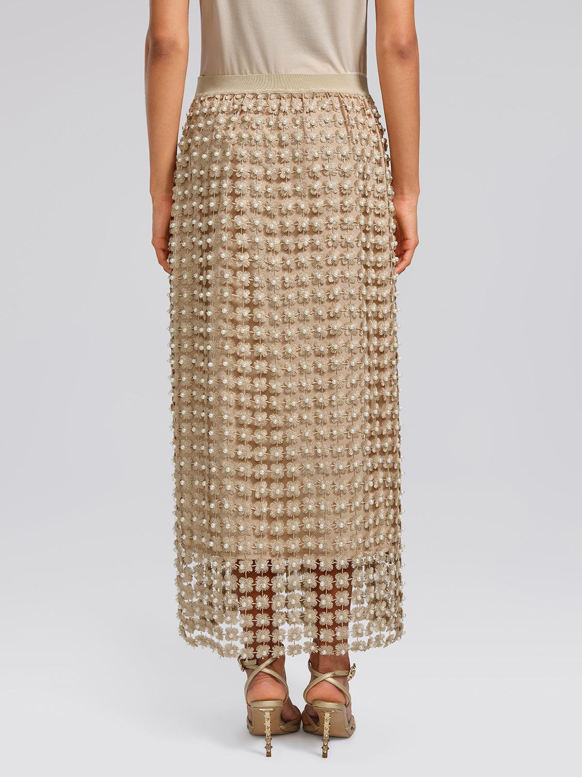 Floral Pearl-Embellished Elastic-Waist Skirt