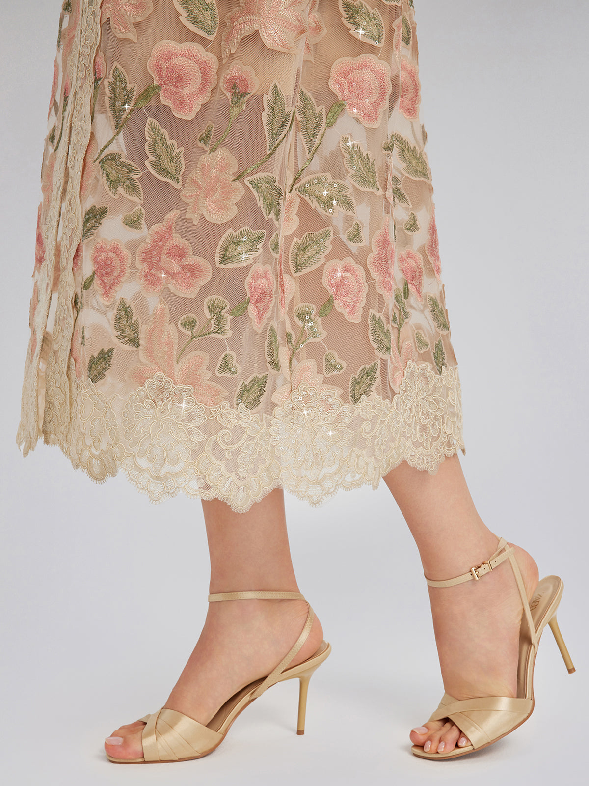 Appliqué Floral Lace Trim Velvet Dress (Belt Included)