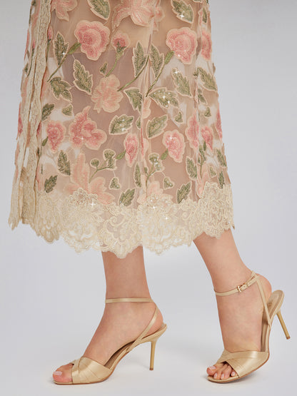 Appliqué Floral Lace Trim Velvet Dress (Belt Included)