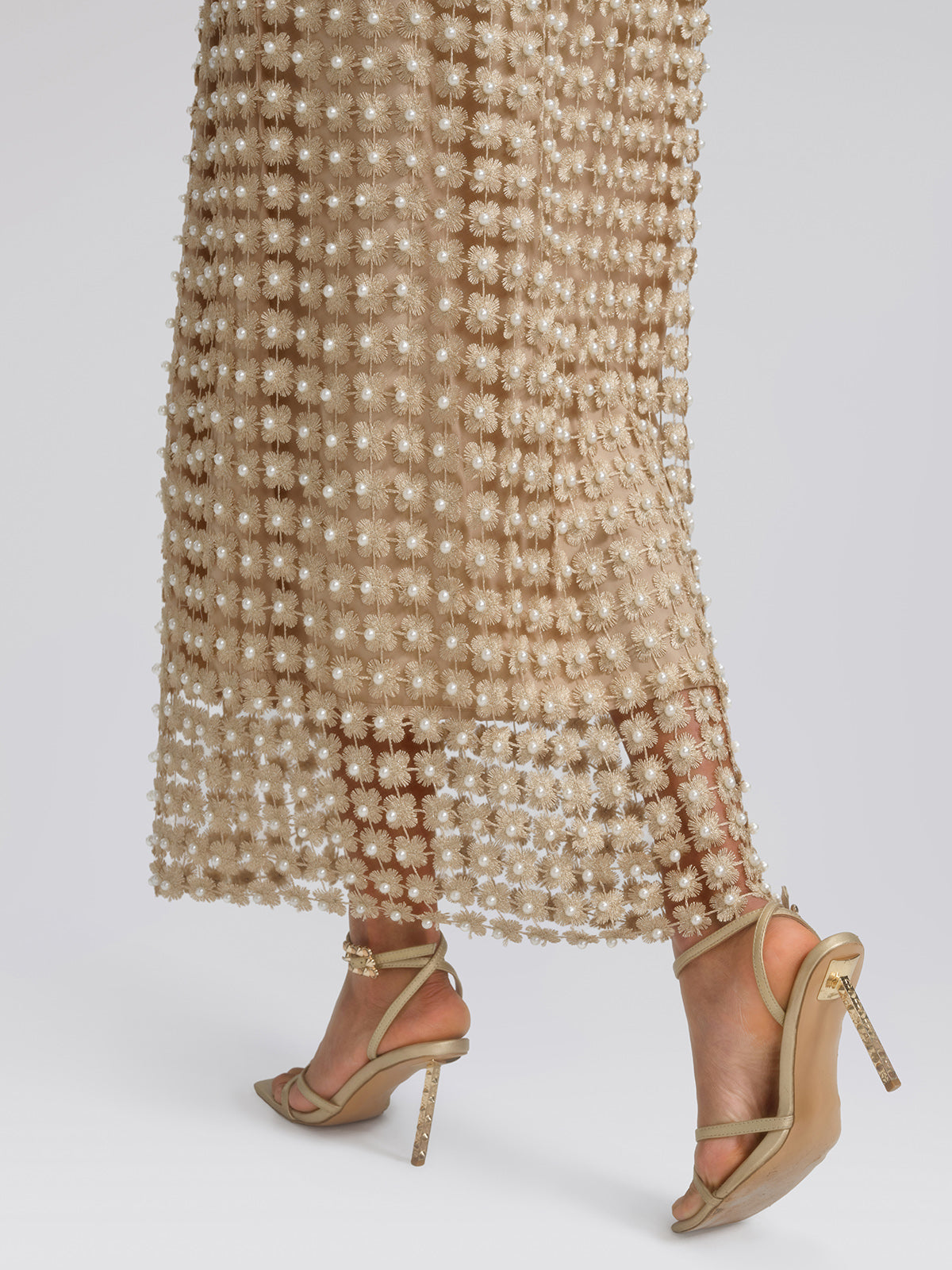 Floral Pearl-Embellished Elastic-Waist Skirt