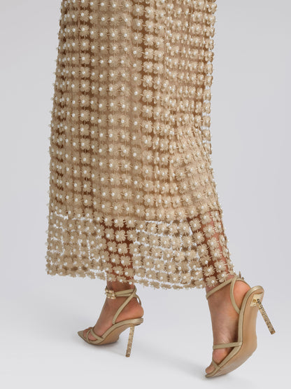 Floral Pearl-Embellished Elastic-Waist Skirt