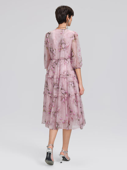 Accordion Pleated Silk Rose Print Dress