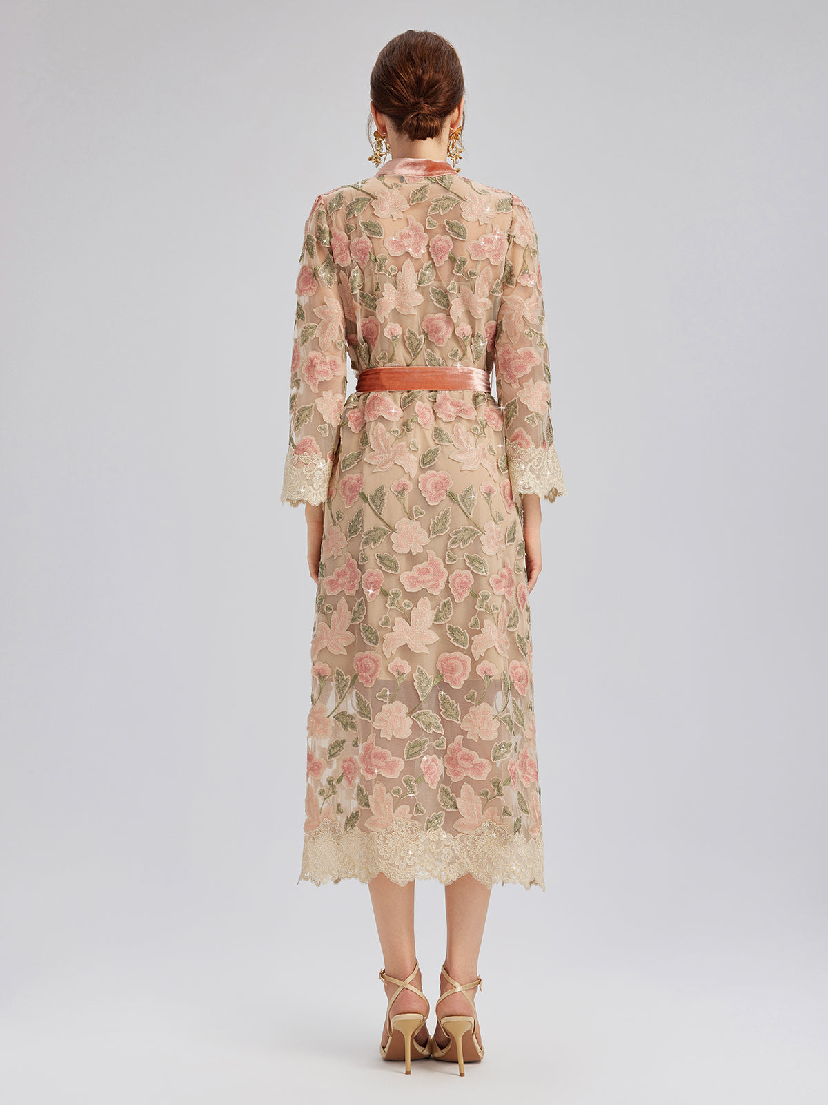 Appliqué Floral Lace Trim Velvet Dress (Belt Included)