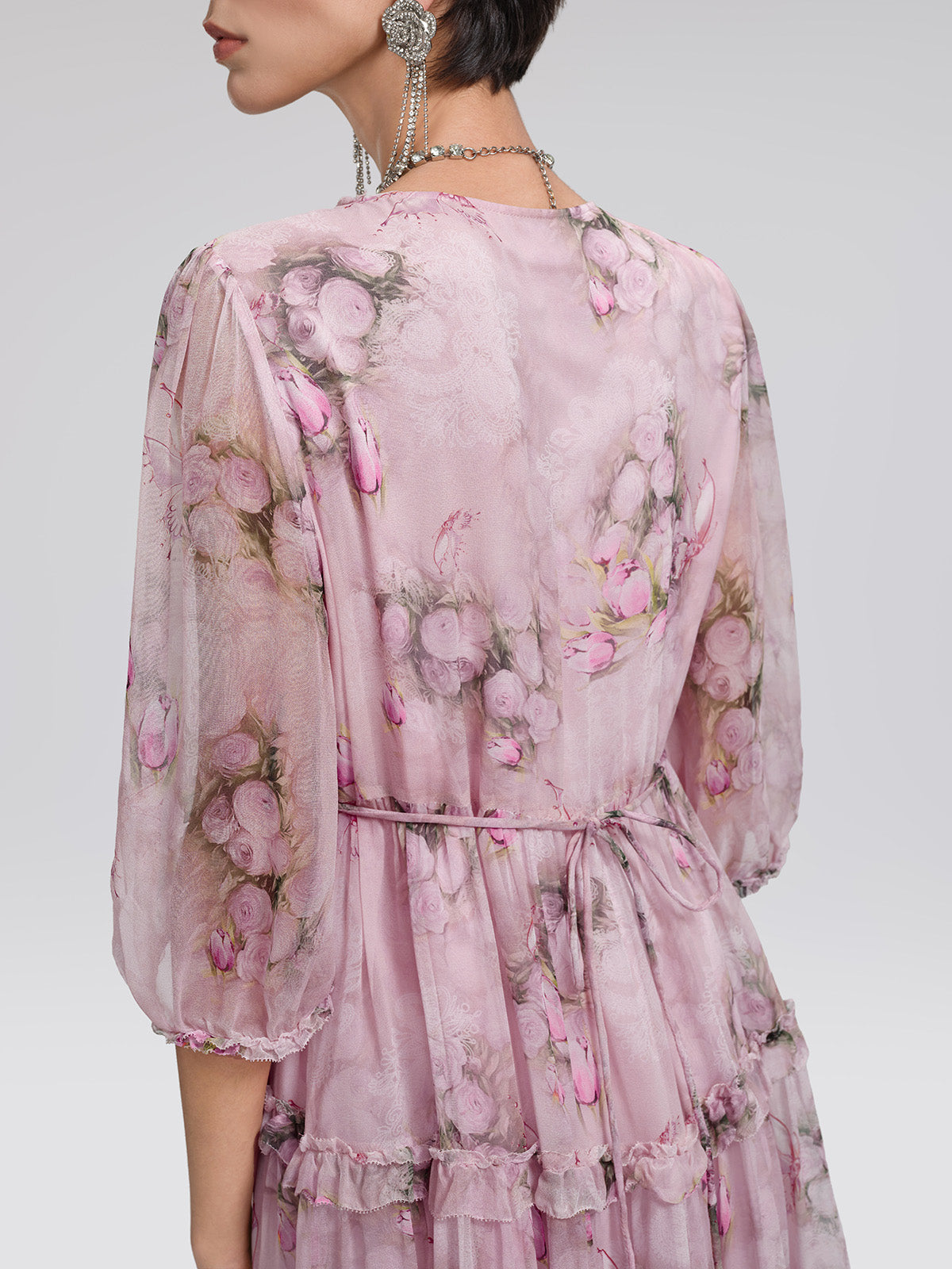 Accordion Pleated Silk Rose Print Dress