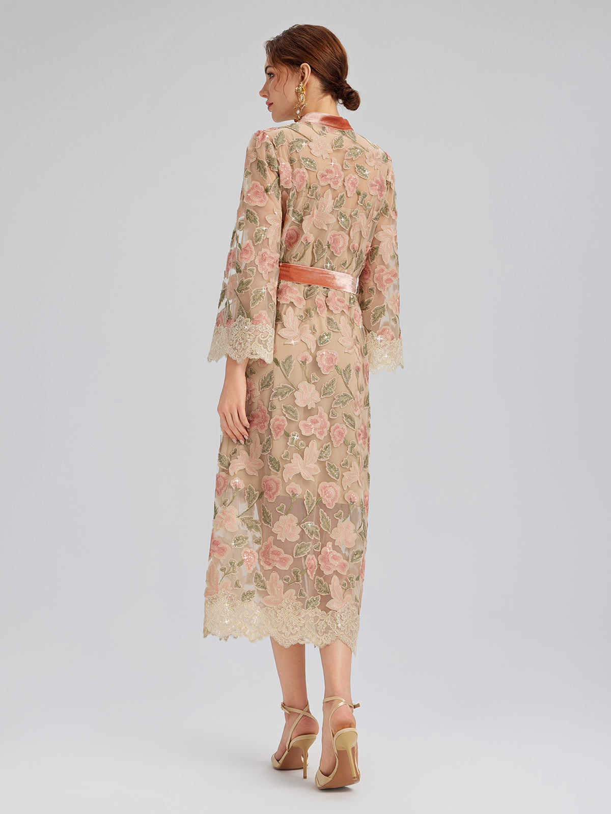 Appliqué Floral Lace Trim Velvet Dress (Belt Included)