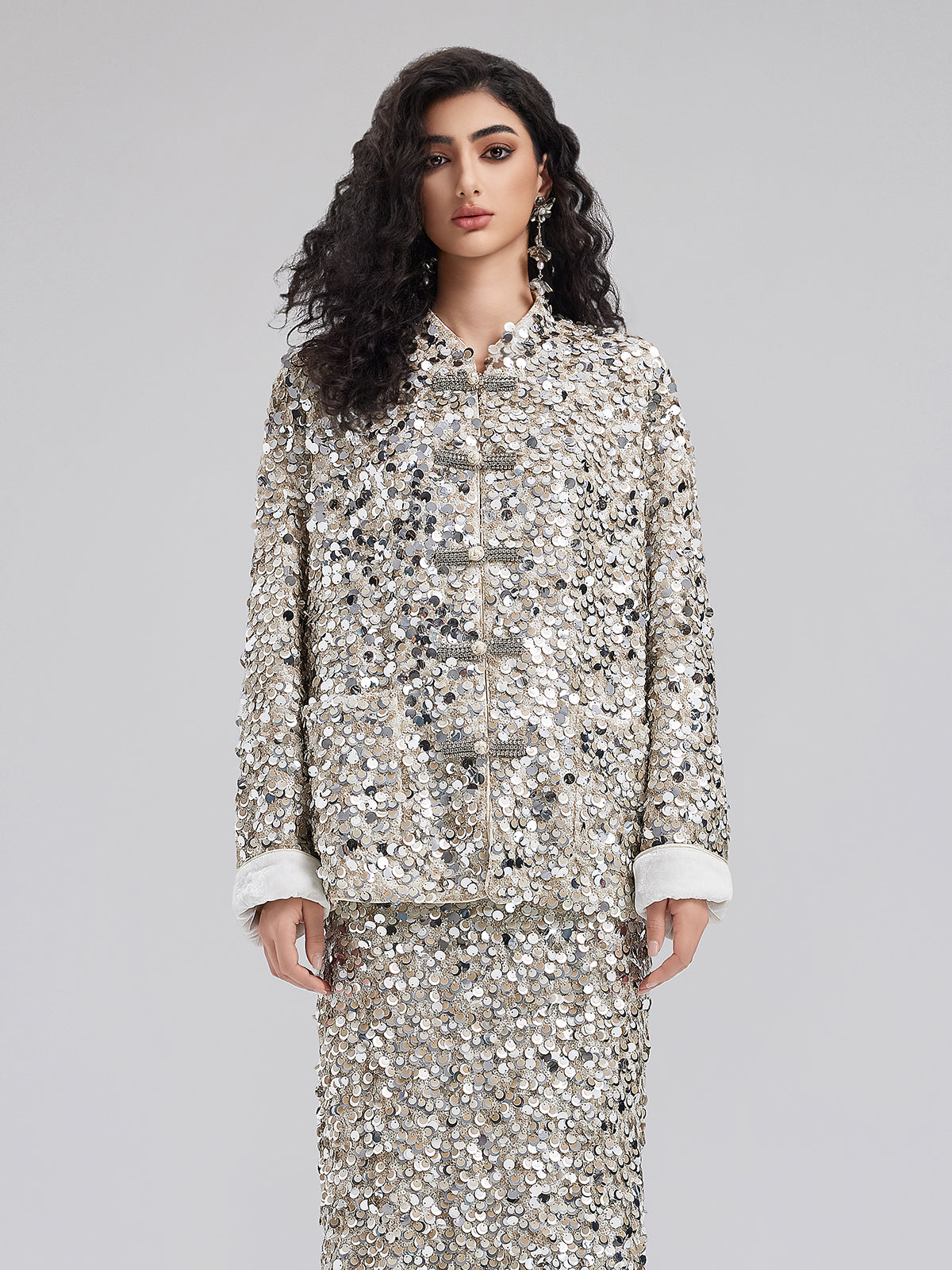 Sequin-Embellished Beaded Button Jacket