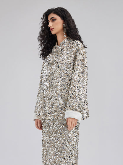 Sequin-Embellished Beaded Button Jacket