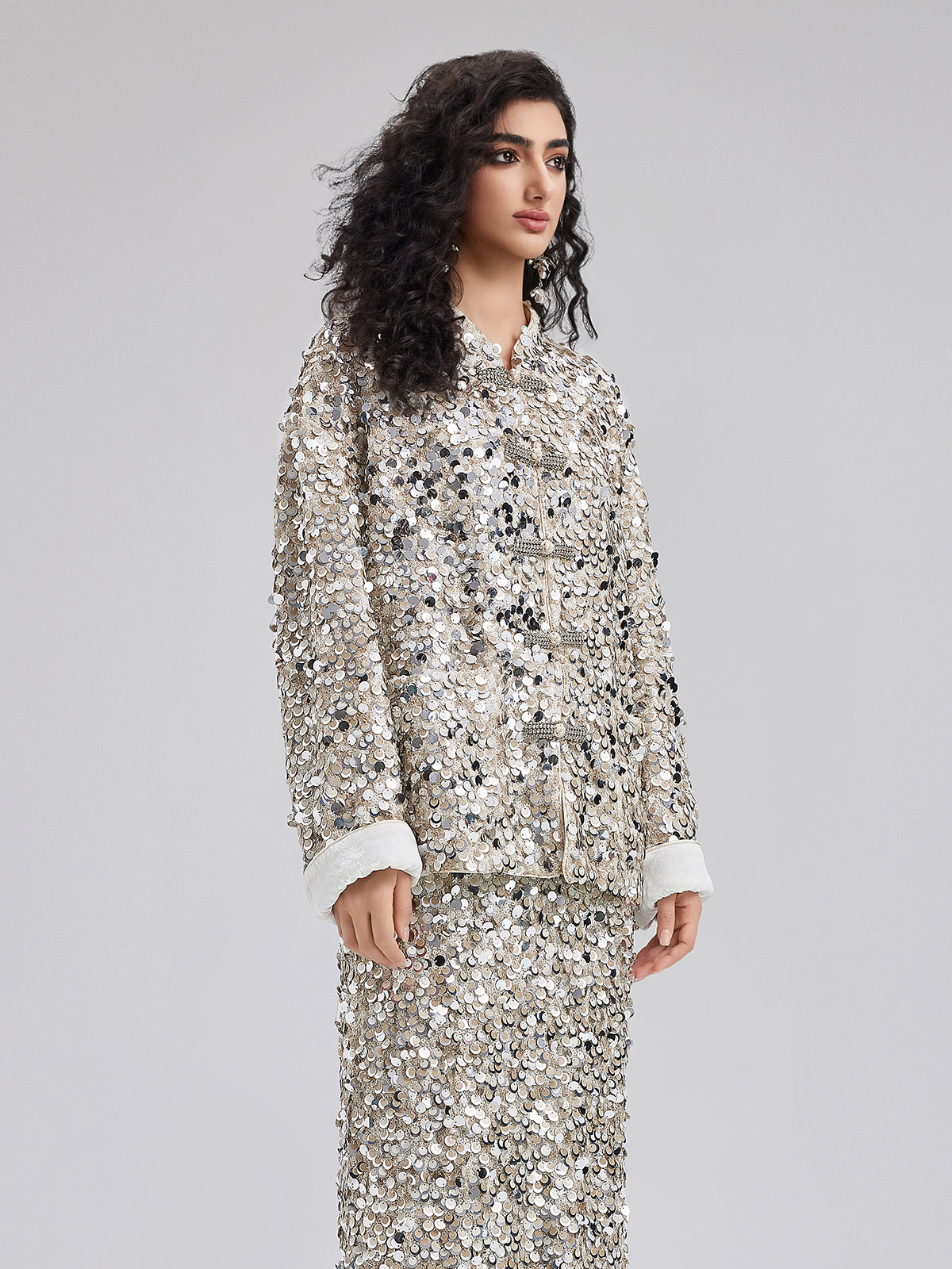 Sequin-Embellished Beaded Button Jacket